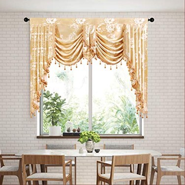 ELKCA Golden Jacquard Swag Waterfall Valance Luxury Curtain Valance for Living Room Window Treatment for Bedroom (Floral-Golden, W69 Inch, 1 Panel)
