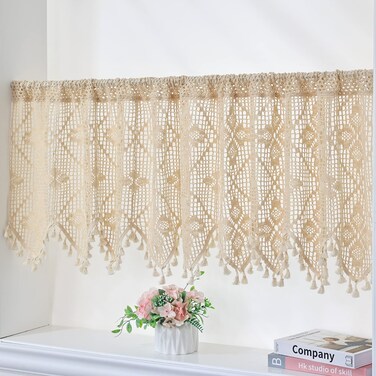 SFJ-CA Boho Crochet Valances for Windows, Beige Tassels Curtains for Bedroom Living Room, Pastoral Cotton Linen Rod Pocket Curtain&iuml;&frac14;&OElig;26" x 59