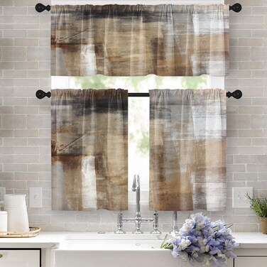 Tayney Brown Kitchen Curtains Grey Beige Window Curtains Valance and Tier Set 36 Inch, Modern Rod Pocket Short Tier Curtain, Abstract Art Small Cafe Curtains for Kitchen Decor