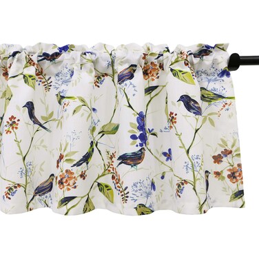 VOGOL Blue Valance Curtains for Living Room, Linen Textured Bird and Flower Print Window Treatment Rod Pocket Window Valances for Bathroom, 52 x 14, One Piece