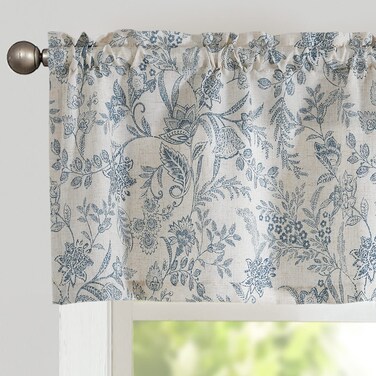 Vangao Farmhouse Linen Blend Valance Curtain for Kitchen Floral Rustic Light Filtering Rod Pocket Window Topper Treatment 16 Inch Blue on Beige