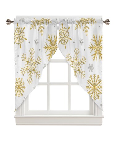 Chees D Zone Swag Curtain,Christmas Gold Foil Snowflake White Kitchen Valances Rod Pocket Curtains Tier Pair Swag Topper,Winter Grey Snow 2 Panels Window Treatment for Bathroom Living Room Bedroom