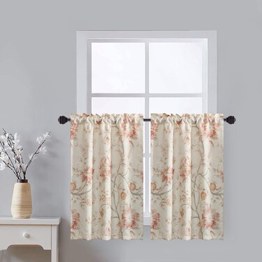 Leeva Watercolor Flower Pattern Half Curtain Tiers for Kitchen Farmhouse Style Short Solid Window Treatment Cafe Drapes for Bedroom, Pumpkin Red, 2 Panels Pair, 30 x 30