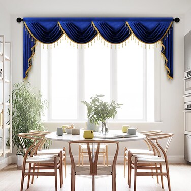 ELKCA Luxury Royal Blue Velvet Curtain Valances for Living Room with Beads(118inch,1 Panel)