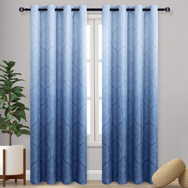 DWCN Ombre Blackout Curtains for Bedroom - Damask Patterned Thermal Insulated Energy Saving Grommet Curtains for Living Room, Set of 2 Gradient Window Curtain Panels, 52 x 96 Inches Long, Navy Blue