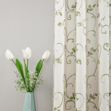 VOGOL 2 Panels Ultra Decor Vines Embroidered Faux Linen Grommet Curtains for Living Room,Energy Efficient Window Treatment Panels,52 x 63 Inch, Grass Green