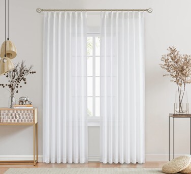Central Park White Pinch Pleat Sheer Curtain Textured Pleated Drape Farmhouse Rustic Window Treatment Sets for Living Room Bedroom, 40" Wx84 L, 2 Panels