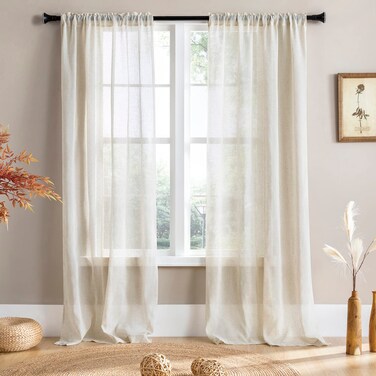 SHINELAND 90 inches Long Cream Beige Natural Linen Sheer Window Treatments Curtain Panels Drapes for Living Room 2 Panels Rod Pocket Neutral Boho Curtains for Bedroom,52x90 Inch Length