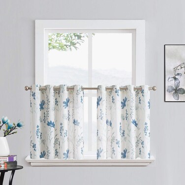 Printed Sheer Curtains Linen Textured Tier Curtains 36-inches Floral Leaf Design Farmhouse Style Window Panel Drapes Set Grommet Treatment for Basement Loundry Room Caf&Atilde;&copy;, 52 x 36 inch, Navy Blue