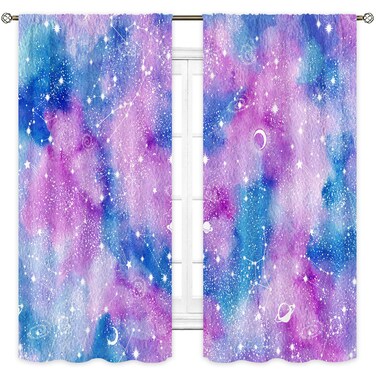 Cinbloo Tie Dye Curtains 42Wx63H Inch Rod Pocket Ombre Blue Pink Curtains Purple Galaxy Curtains Constellation Gradient Watercolor Starry Sky Teen Girl Living Room Bedroom Window Drapes Fabric 2 Panel