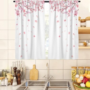 zokyer Pink and White Kitchen Curtains Floral Flower Cherry Blossom Girls Sakura Small Short 27.5" W x 39" L Window Treatment Tiers for Bedroom Living Room Bathroom 2 Panels Rod Pocket Drapes