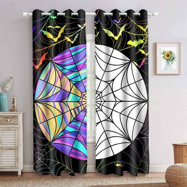 MIZSYE Wednesday Dorm Window Blackout Curtain Stained Glass Windows Geometric Prints Window Drapes Funny Bats Spider Web Room Darkening Window Treatments for Bedroom Living Room Dorm 2 Panel 42x84inch
