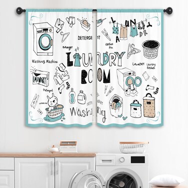Kalmico Cartoon Cute Laundry Room Curtains 27.5W x 39L Inch Rustic Farmhouse Washing Rod Pocket Short Cafe Small Window Treatment Drapes Decor 2 Panels