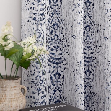 Living Room Curtains 63 Inch Length 2 Panels with Ikat Ogee Design Window Treatments Grommet 50% Heat Blocking Coastal Unique Moroccan Pretty Blackout Curtains for Bedroom Navy Blue and Gray White
