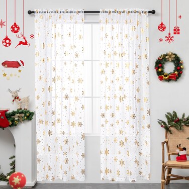 Karseteli Christmas Sheer Curtains for Living Room, Luxury Snowflake Gold Foil Print Sheer Curtains, Rod Pocket Window Drapes Decorations for Bedroom and Home Decor, 2 Panels White 52W x 84L