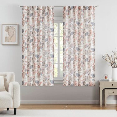 Kayne Studio Botanical Print Semi Sheer Curtains Navy Red Floral Leaf Farmhouse Linen Curtain Drapes Light Filtering Window Treatments for Living Room Bedroom Rod Pocket Back Tab,52"x63",2 Panels