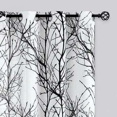 FMFUNCTEX Linen Semi Sheer Curtains for Bedroom, Black White Curtains 96 Inches Long for Living Room, Grey Tree Branch Patterned Curtain Light Filtering Farmhouse Window Drapes, Grommet Top 2 Panels