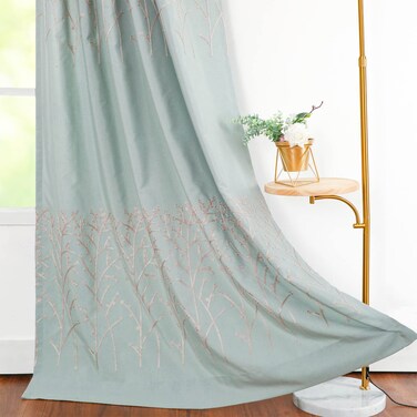 VOGOL Room Darkening Curtains, Mint Green Branch Pattern Embroidered Window Treatment Panels, Back Tab/Rod Pocket for Living Room Bedroom Draperies, 52 x 84 Inch, 2 Panels