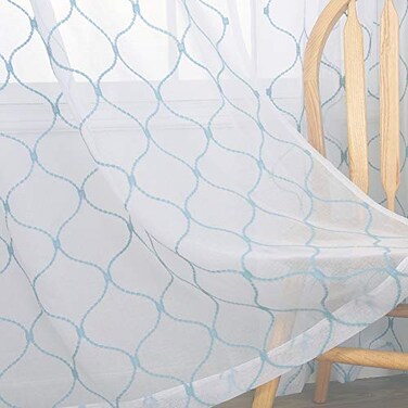 Embroidery Sheer Curtains Blue 63 Inches, Rod Pocket Voile Drapes for Living room, Bedroom, Window Treatments Wave Diamond Semi Crinkle Curtain Panels for Yard, Patio, Villa, Set of 2, 52"x 63".