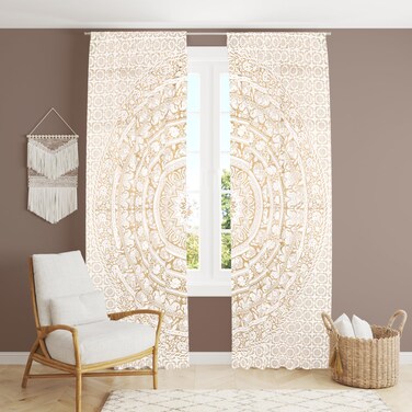 Bless International Beautiful Indian Bohemian Psychedelic Hippie Elephant Mandala Window Curtain Panels for Bedroom, Living, Balcony (White and Gold (25x74 Inches)(63.5x188 Cms))