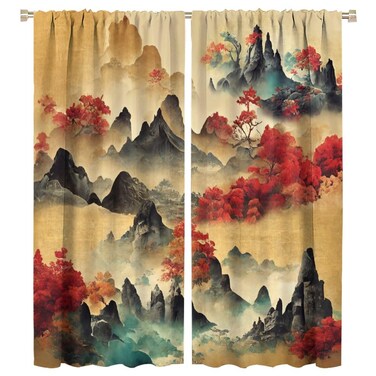 SHElifestyle Asian Window Curtains, Vintage Chinese Japanese Fantasy Landscape Clouds Window Treatments Retro Red Plum Blossom Mountains Painting Window Drapes for Bedroom Kitchen Living Room 42x45in