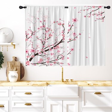 Coxila Pink Kitchen Window Curtains 27.5 x 39 Inch Small Short Mini Cherry Blossom Cafe Rod Pocket Floral Flower Japanese Living Bedroom Room Home Treatment Set of 2 Curtain Panels Drapes Tiers