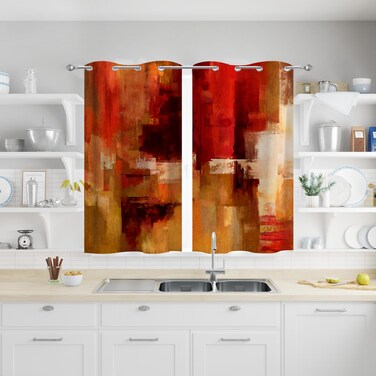 chiinvent Burnt Orange Kitchen Curtains 2 Panels for Dining Room Terracotta Abstract Rust Art Painting Curtain 36 inch Length Thermal Insulated Grommet Window Treatment Panel for Livingroom, 26"x36