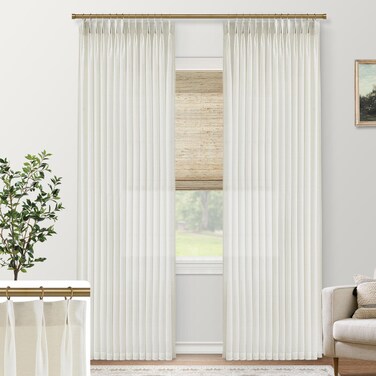 SHINELAND 94 Inch Curtains Long,Linen Sheer Pinch Pleated Light Filtering Window Curtain 2 Panels Set for Living Room,Cream Ivory