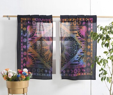Popular Handicrafts Indian Burning Sun Hippie Mandala Kitchen Window Curtains - Gypsy Tye Dye Bohemian Sun Moon Beautiful Drapery Bedroom Living Room Balcony Valance Panels Purple