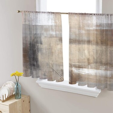 AMZRicher Oil Modern Paintings Abstract Sheer Curtains 54 Inch Length 2 Panels Set, Geometric Artwork Grey and Brown Semi Transparent Voile Rod Pocket Curtains for Living Dining Room Bedroom Drapes