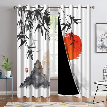 DORCEV Japanese Curtains Ink Painting Mt. Fuji Red Sun Sunset Bamboo Leaves Window Drapes for Bedroom Living Room Asian Japanese Style Kitchen Curtains Treatment Sets Decor,42x84 inch,2 Panels