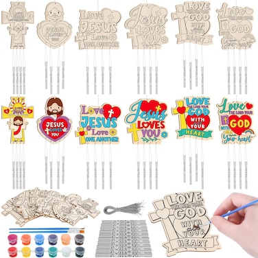 Silipull 36 Sets Jesus Loves You Crafts for Kids Valentines Wind Chimes Crafts Make Your Own DIY Hanging Wind Chimes Ornaments for Valentines Day Christian Sunday School Religious Party Decoration