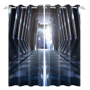 Renaiss Outer Space Window Curtains, Inside Passage of Space Station Futuristic Sci Fi Corridor Inner View Earth Technology Blackout Drapes for Bedroom Living Room Home Decor 2 Panels 42x84 Inches
