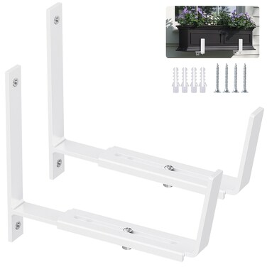 Y&amp;M 2 Pack Adjustable Planter Box Brackets (6 to 12.5 in), Universal Window Box Brackets, Heavy Duty Iron Flower Box Wall Mounting Hooks for Balcony, Fences, Patio, and Garden - White