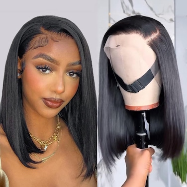 Superfect Bob Wig Human Hair 14 Inch 13x4 HD Lace Front Wigs Human Hair Free Part Pre Plucked Straight Lace Frontal Bob Wigs for Women 180% Density Human Hair Wig Natural Black Color(14 Inch, Bob Wig)