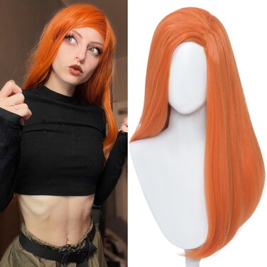 Long Straight Orange Wig Ginger Side Part Wig Orange Costume Wig Heat Synthetic Hair for Women Girls Daily Halloween Party