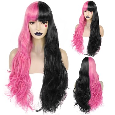 Ebingoo Pink and Black Wig with Bangs for Women + Wig Cap Long Half Pink Black Wavy Curly Cosplay Wig Middle Part Wig with Bang for Hallloween Costume Anime Party