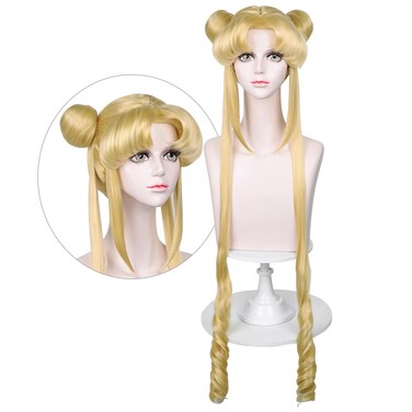 LABEAUT&Atilde;&permil; Long Curly Blonde Ponytails Wig with Buns for Women Girls Cosplay Costume Anime Blonde Pigtails Wig with Bangs + Cap