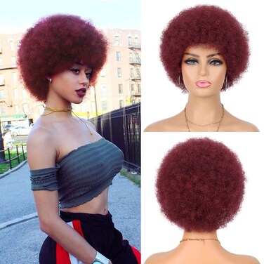 Yargel Hair Short Human Hair Afro Wigs for Black Women Glueless Wear and Go Wig 70s Afro Wigs Unisex Kinky Curly Afro Fluffy Puff Wigs for Daily Party Use (BUG)