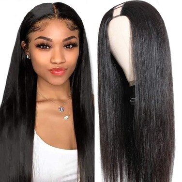 Aiaide Straight U Part Wigs for Black Women U Part Wig Synthetic 1.5''x 3.5'' U Shape Glueless Long Wig Natural Black Full Head Upart Hair Extension Clip in U Part Wig Straight Hair Half Wig 20inch 1B