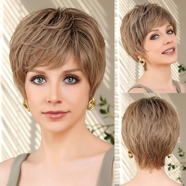EMMOR HD Lace Front Wig, Pixie Cut Wig Human Hair Wigs with Bangs Natural Short Wig Layered Wavy Different Style Short Wigs for White Women(Ombre Ash Blonde#)