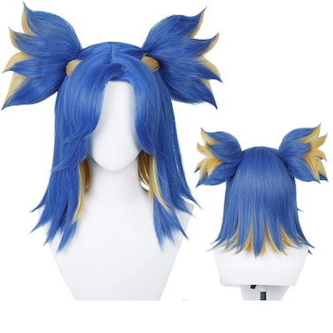 Short Blue Wig Anime Blue Cosplay Wig with Curtain Bangs Cute Ponytails + Wig Cap Synthetic Fiber Hair for Women Men Halloween Costumes Party
