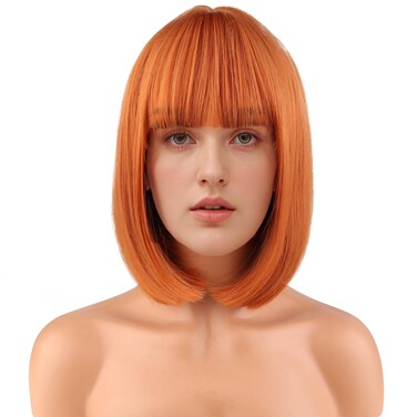PATTNIUM Ginger Bob Wig for Women Short Orange Bob Wig with Bangs Short Straight Bob Wigs Dark Orange Bob Wigs Synthetic Wig with Wig Cap (Ginger)