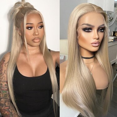 QMSSR Long Straight Blonde Hair Wig Free Part Synthetic Lace Front Wigs Glueless Ash Blonde Lace Front Wigs for Women 22inch