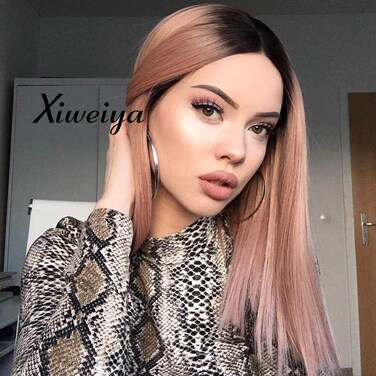 xiweiya Short Cut Wig Long Natural Synthetic Lace Front Wig Natural Hairline Lace Wig Heat Resistant Fiber Hair for Women (peach)