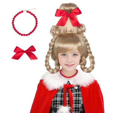 Miss U Hair Christmas Girl Wig Long Blonde Braid Funny Wig for Kids Children with Red Necklace and Ribbon Bow