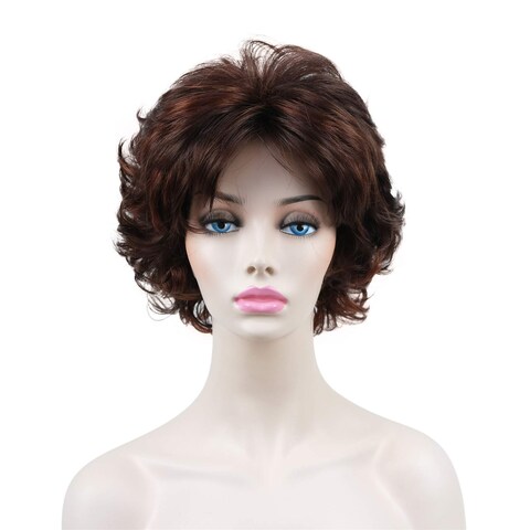onemily Shaggy Wavy Wig Short Layered Wig with Bangs Heat Friendly Natural Wig for Women for Daily Wear (8&quot; Dark Auburn with Highlights)