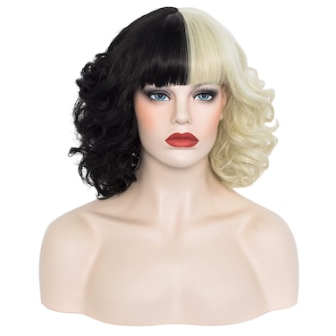 WGPFWIG Short Half Black And Half Blonde Wig 14''Curly Wavy Shoulder Length Pastel Synthetic Cosplay Wig Short Heat Resistant Wig For Halloween Christmas Carnival Party (half black and half blonde)