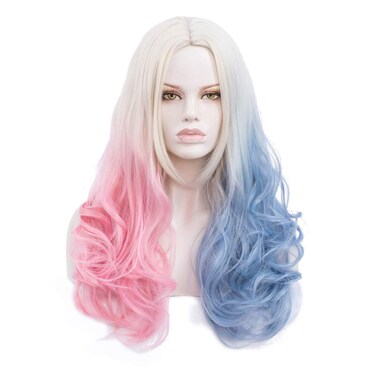 Qaccf Long Curly Blue Pink Blond Color Middle Parting Halloween Cosplay Women Wig (Ombre)