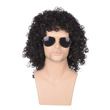 morvally Men's 80s Dark Brown Curly Hair Wig Glam Rock-Rocker Wig Perfect for Halloween, Cosplay, DIY Themed Costume Party